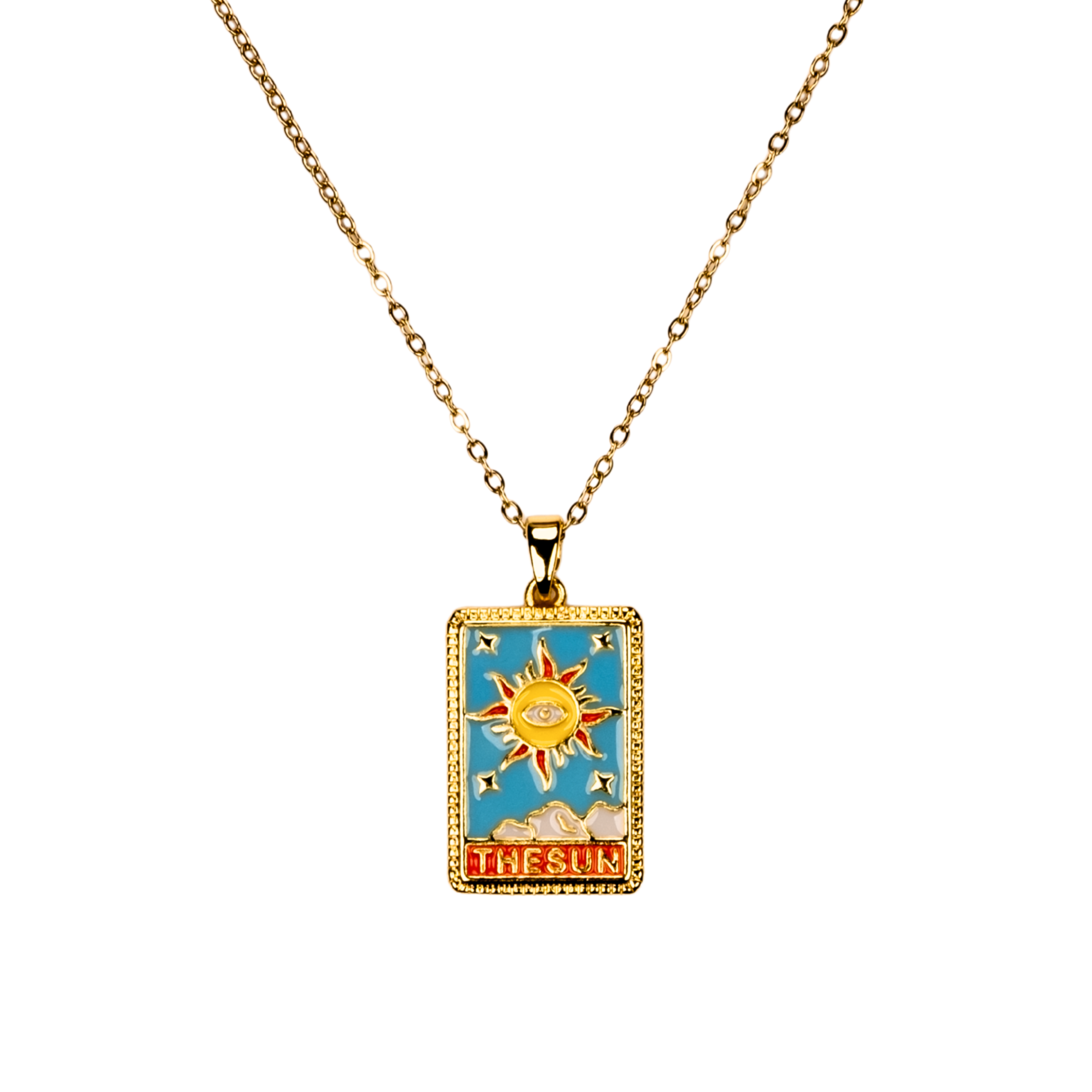 tarot güneş kolye detay - mine yüzeyli altın çerçeveli model | kuan jewelry