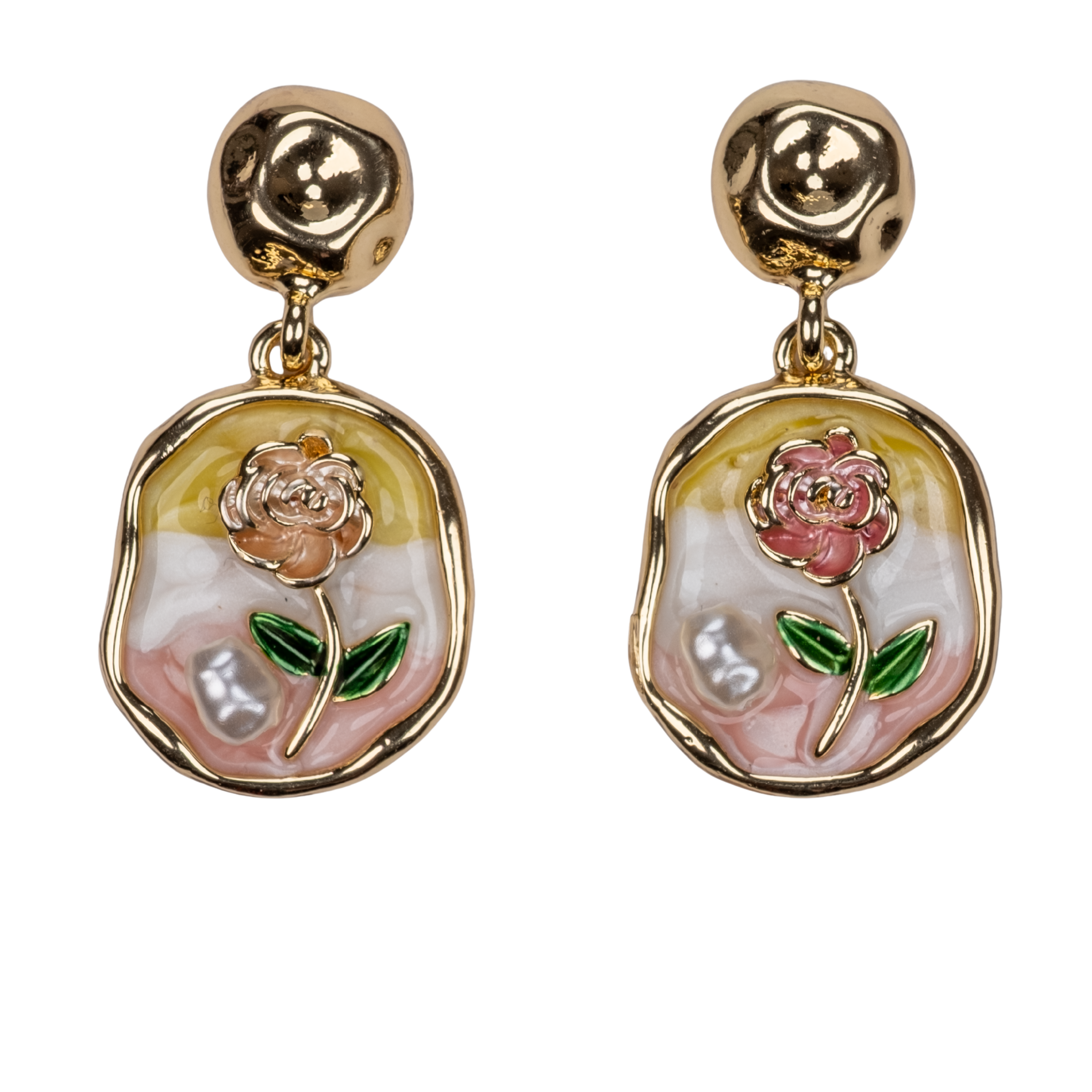 vintage gül küpe gold kaplama, mine yüzeyli çiçek motifli retro küpe | kuan jewelry