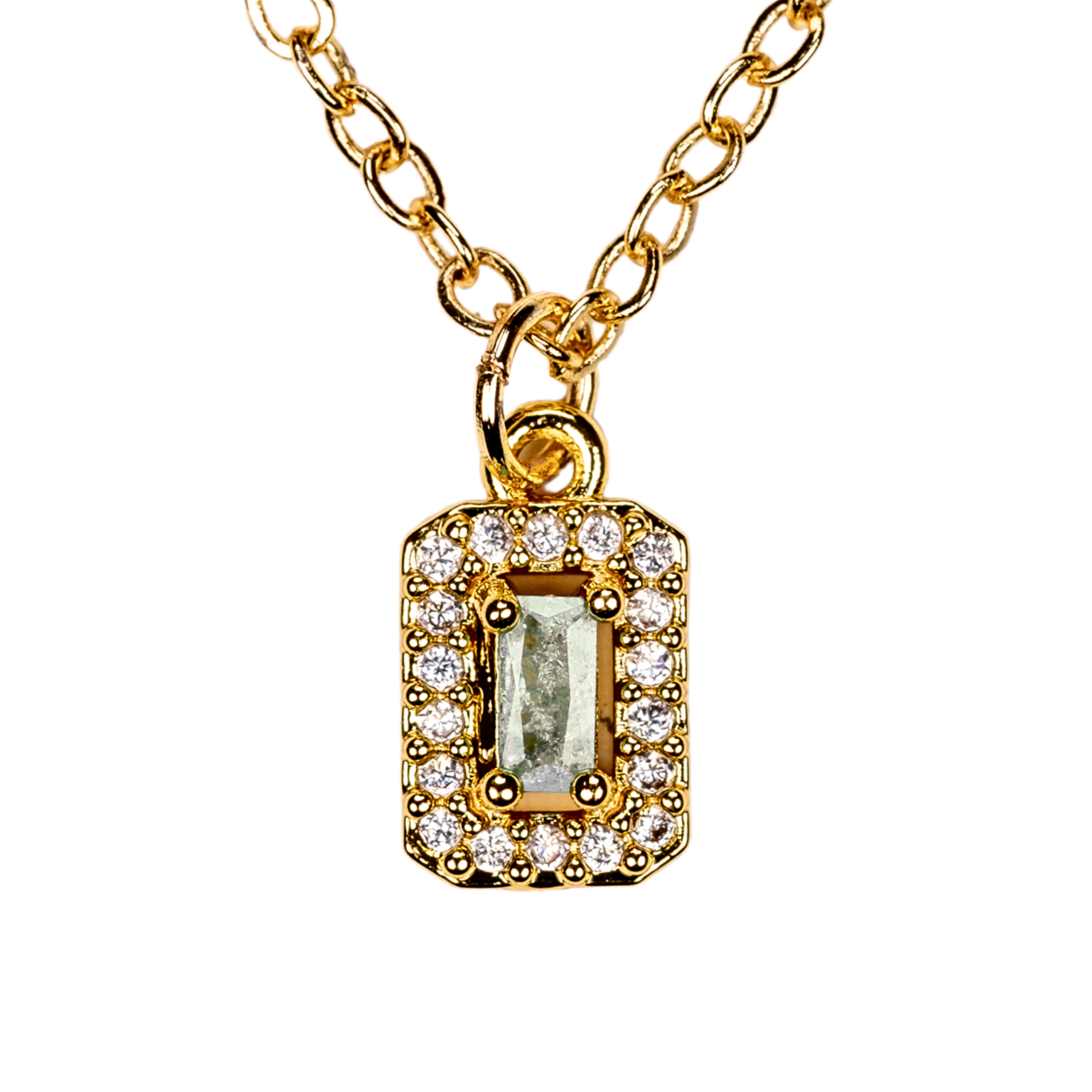 baget kesim kolye detay – dikdörtgen taş ve taşlı çerçeve | kuan jewelry