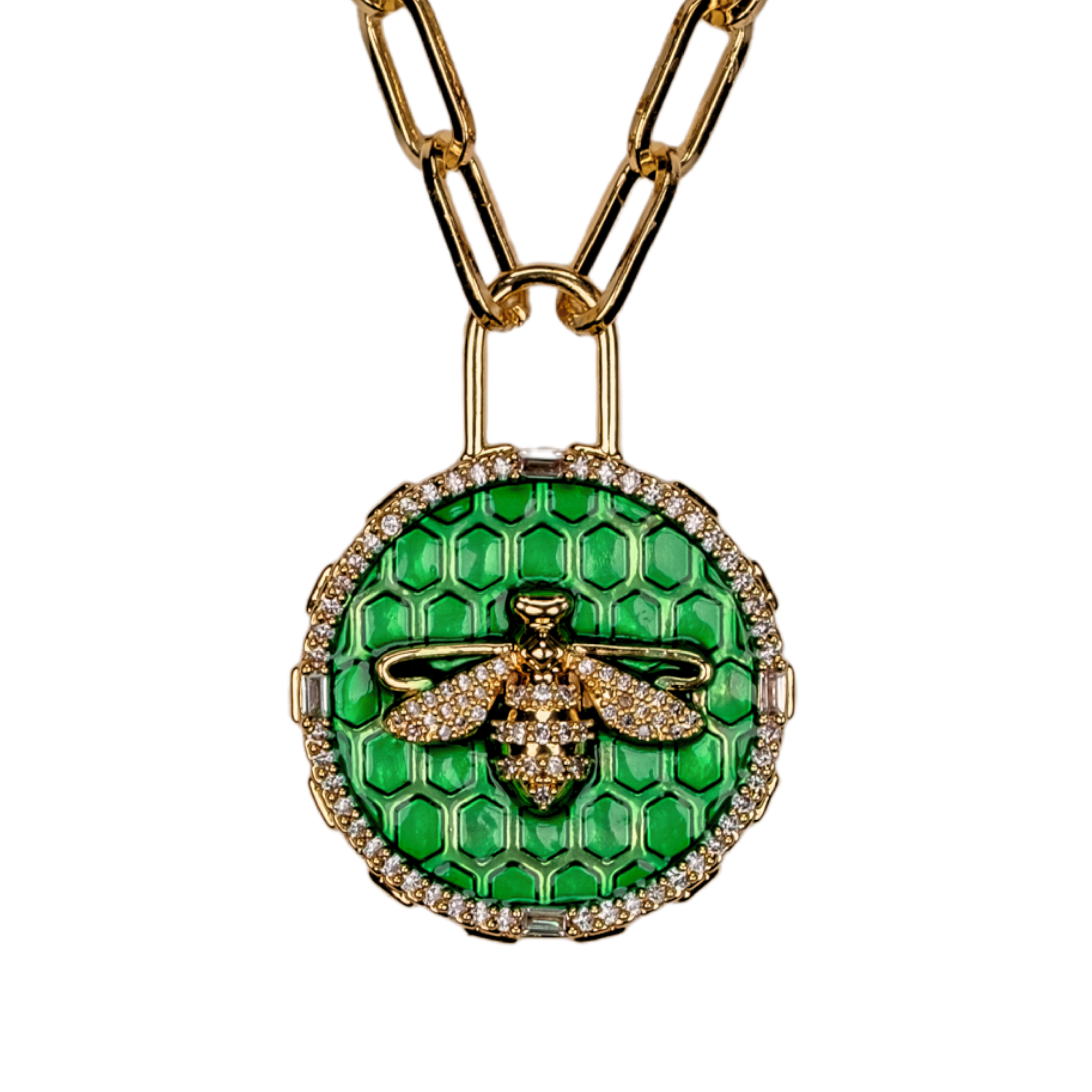 bal peteği desenli arı kolye – taşlı gold madalyon tasarımı | kuan jewelry