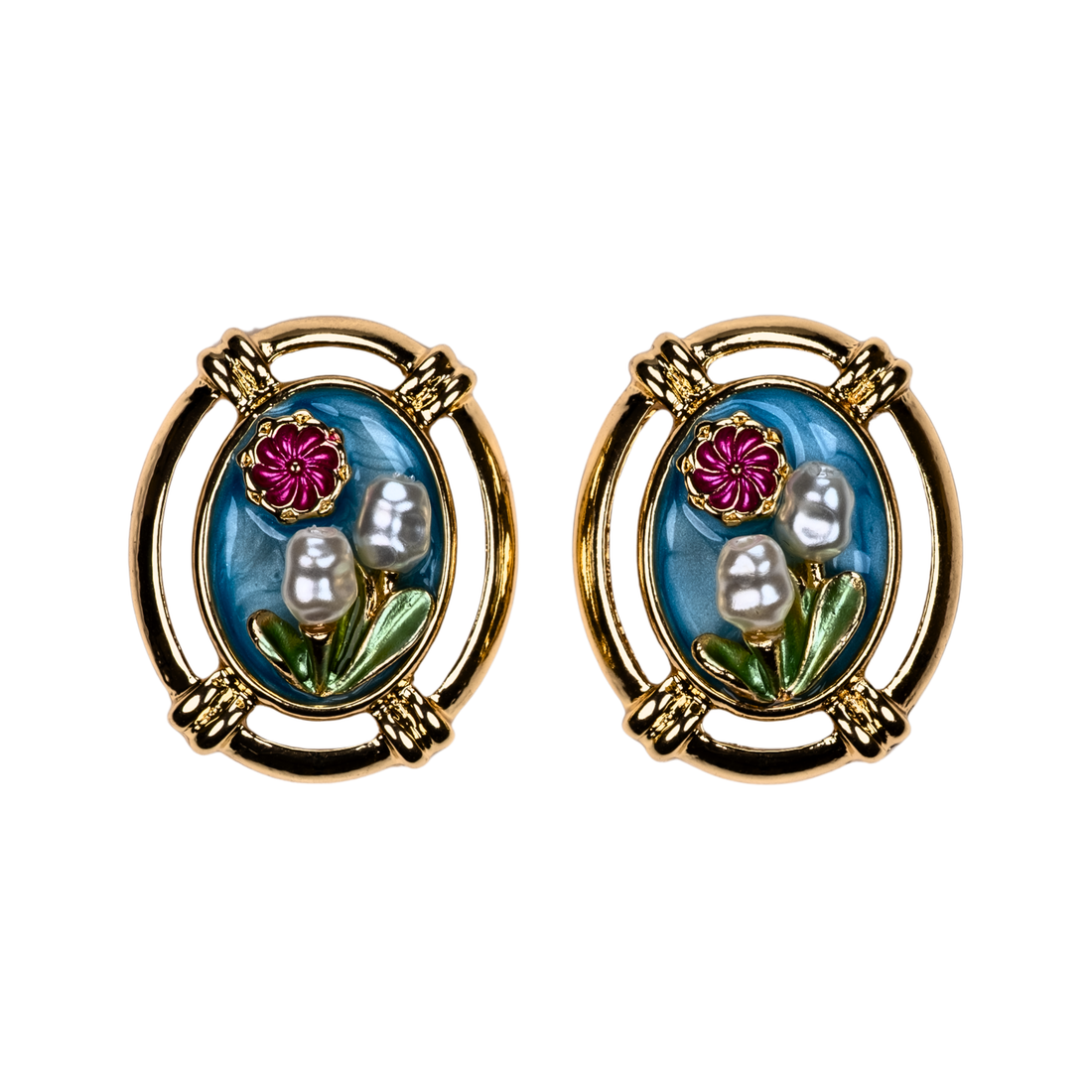 inci çiçek küpe, mavi zeminli gold çerçeveli kadın küpe modeli | kuan jewelry