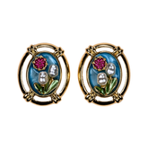 inci çiçek küpe, mavi zeminli gold çerçeveli kadın küpe modeli | kuan jewelry