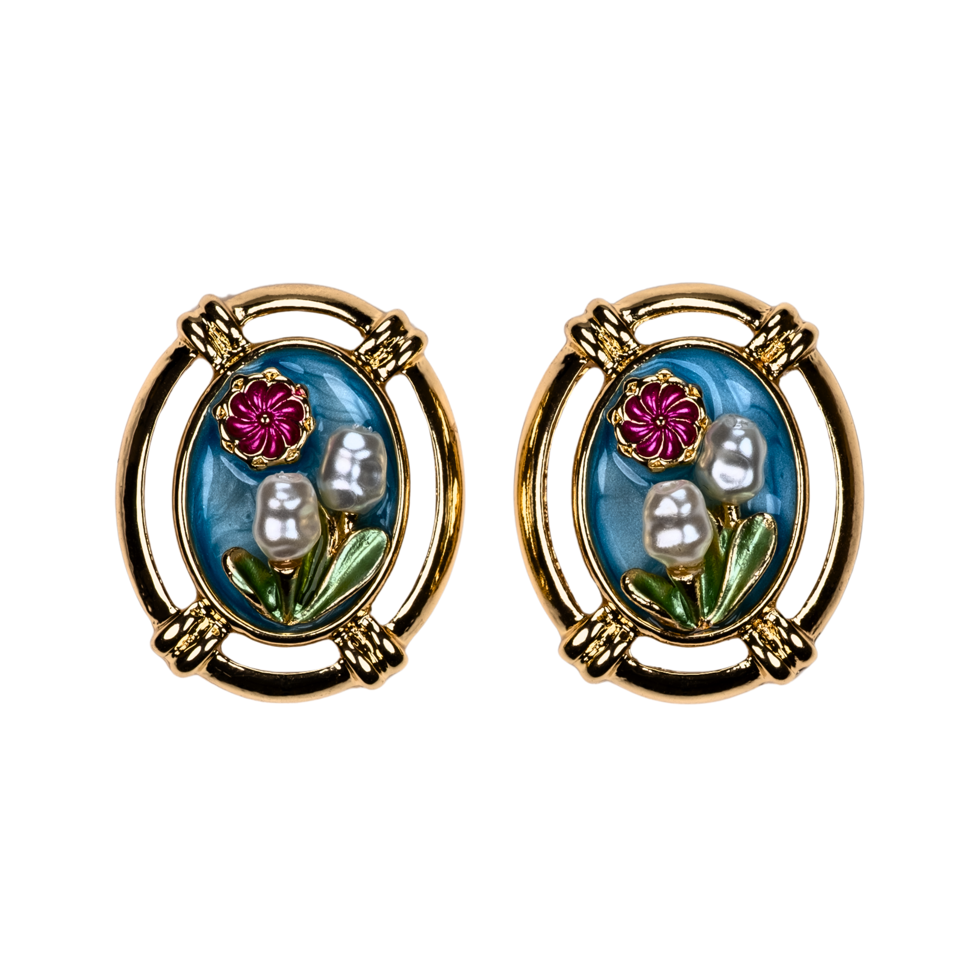 inci çiçek küpe, mavi zeminli gold çerçeveli kadın küpe modeli | kuan jewelry