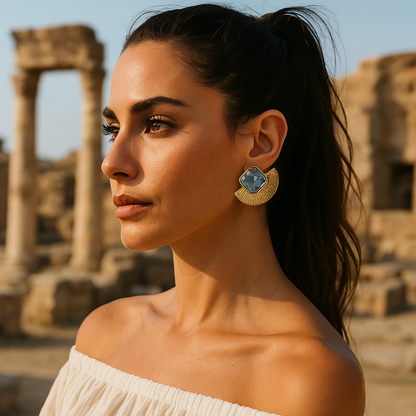 mermer taşlı yelpaze küpe gold kaplama | kuan jewelry