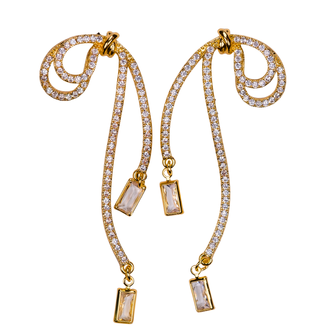 taşlı fiyonk küpe gold kaplama, zirkon taşlı uzun küpe | kuan jewelry