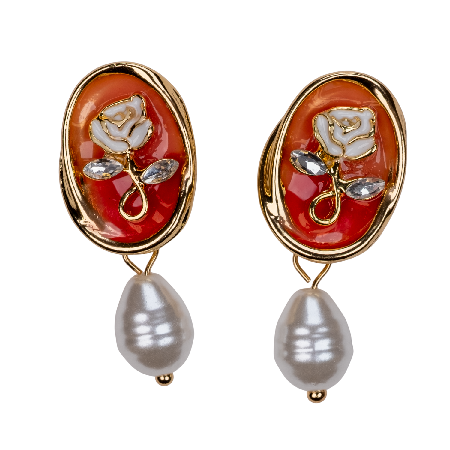 vintage gül motifli inci küpe gold kaplama, kırmızı zeminli el yapımı küpe | kuan jewelry