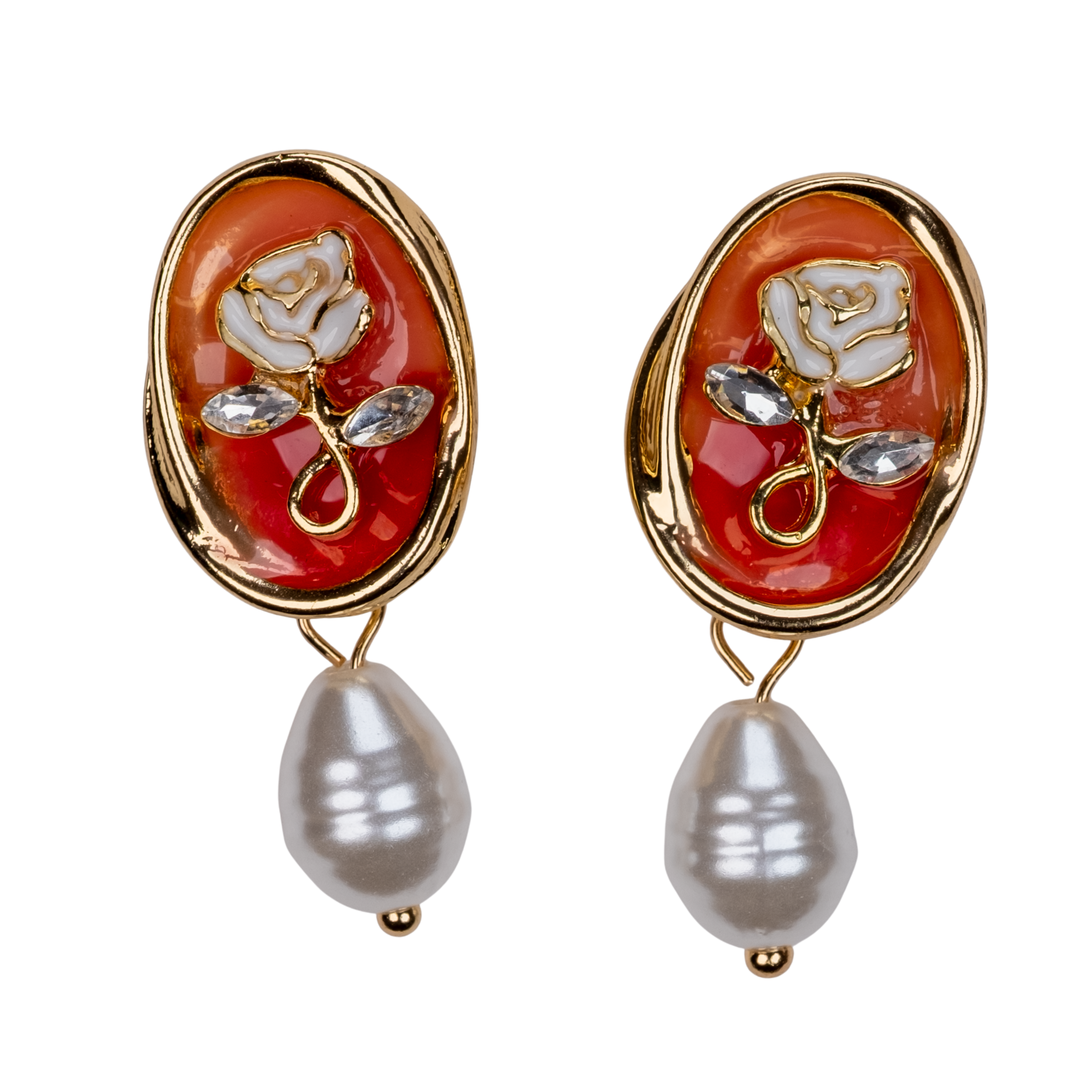 vintage gül motifli inci küpe gold kaplama, kırmızı zeminli el yapımı küpe | kuan jewelry