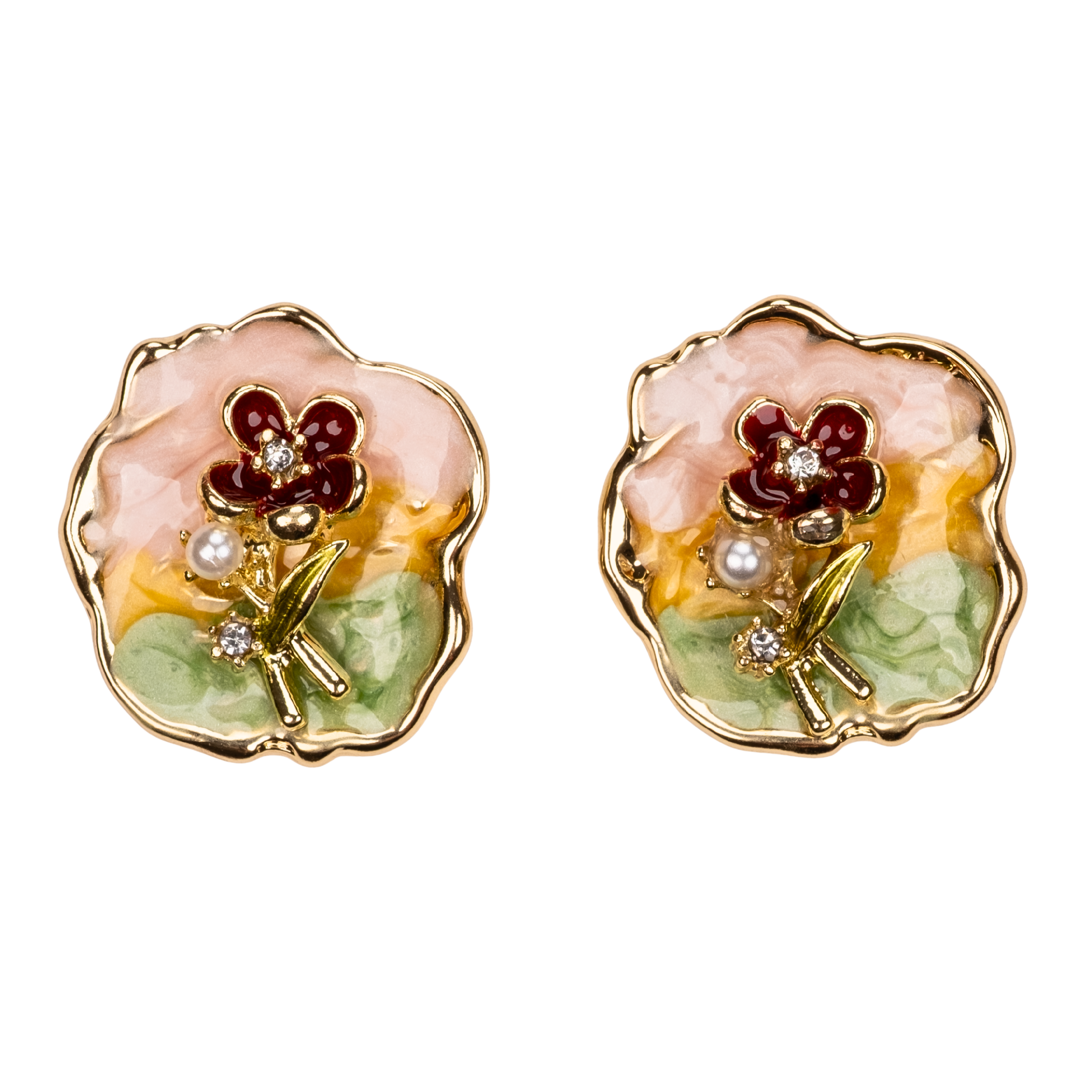 vintage çiçek küpe gold kaplama, emaye mine yüzeyli inci detaylı retro küpe | kuan jewelry