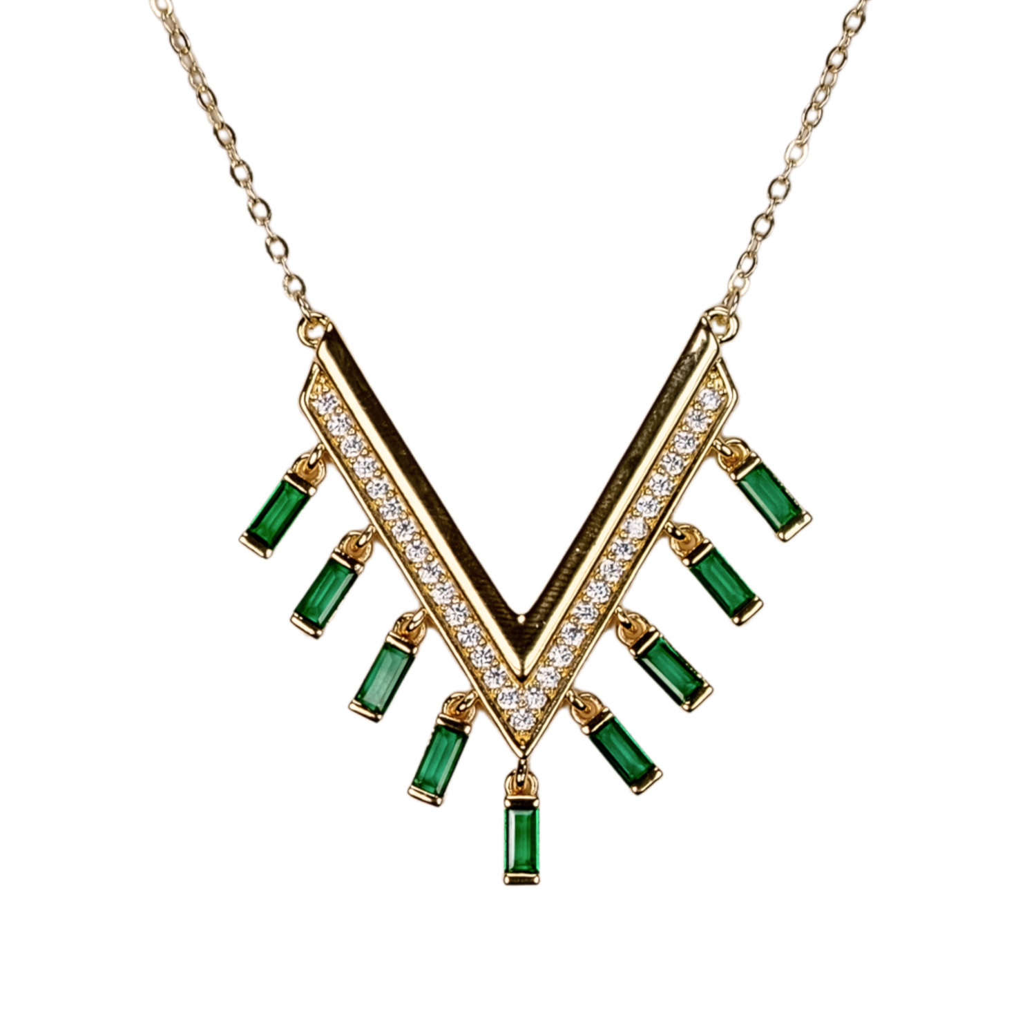 zümrüt yeşili v kolye – gold paslanmaz çelik baget taşlı | kuan jewelry