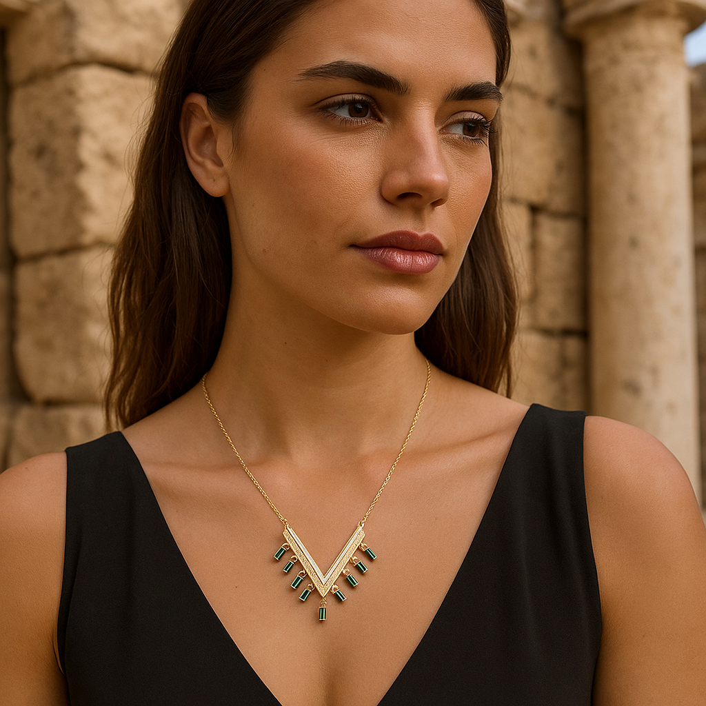 zümrüt yeşili v kolye model üzerinde – zarif ve modern takı | kuan jewelry